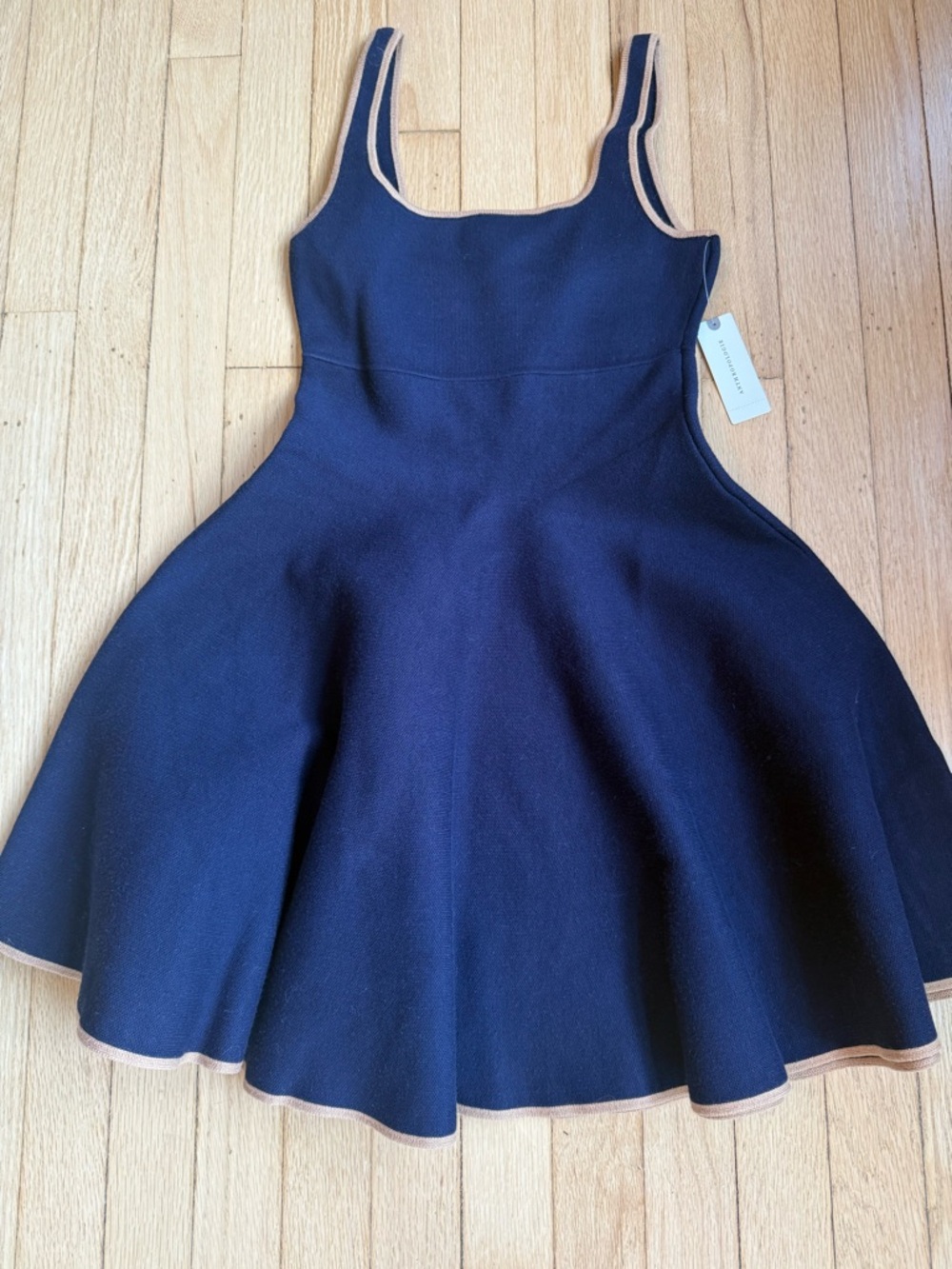 ANTHROPOLOGIE Square Neck Babydoll mini dress Navy with Tan trim size XXS NWT